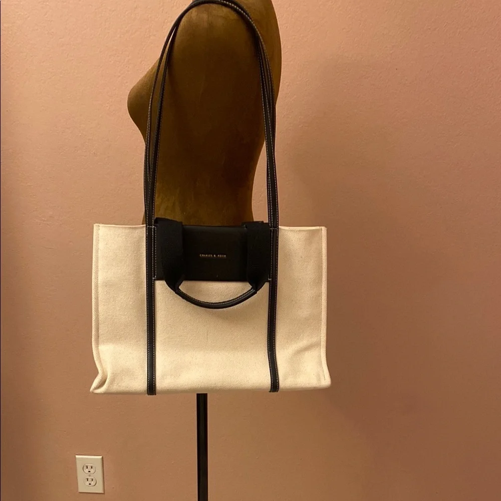 Charles & Keith Cream Canvas Tote with Black Trim